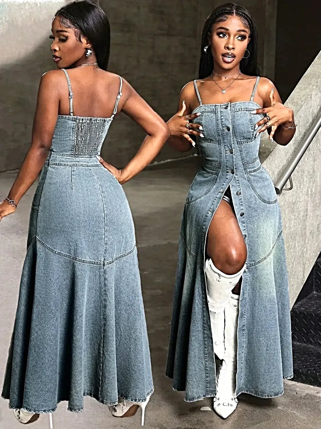 Smocked Button Front Denim Cami Dress -