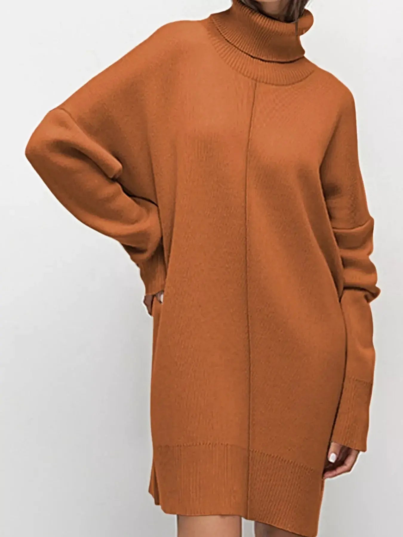 Solid Color Turtleneck Drop Shoulder Loose Sweater Dress -
