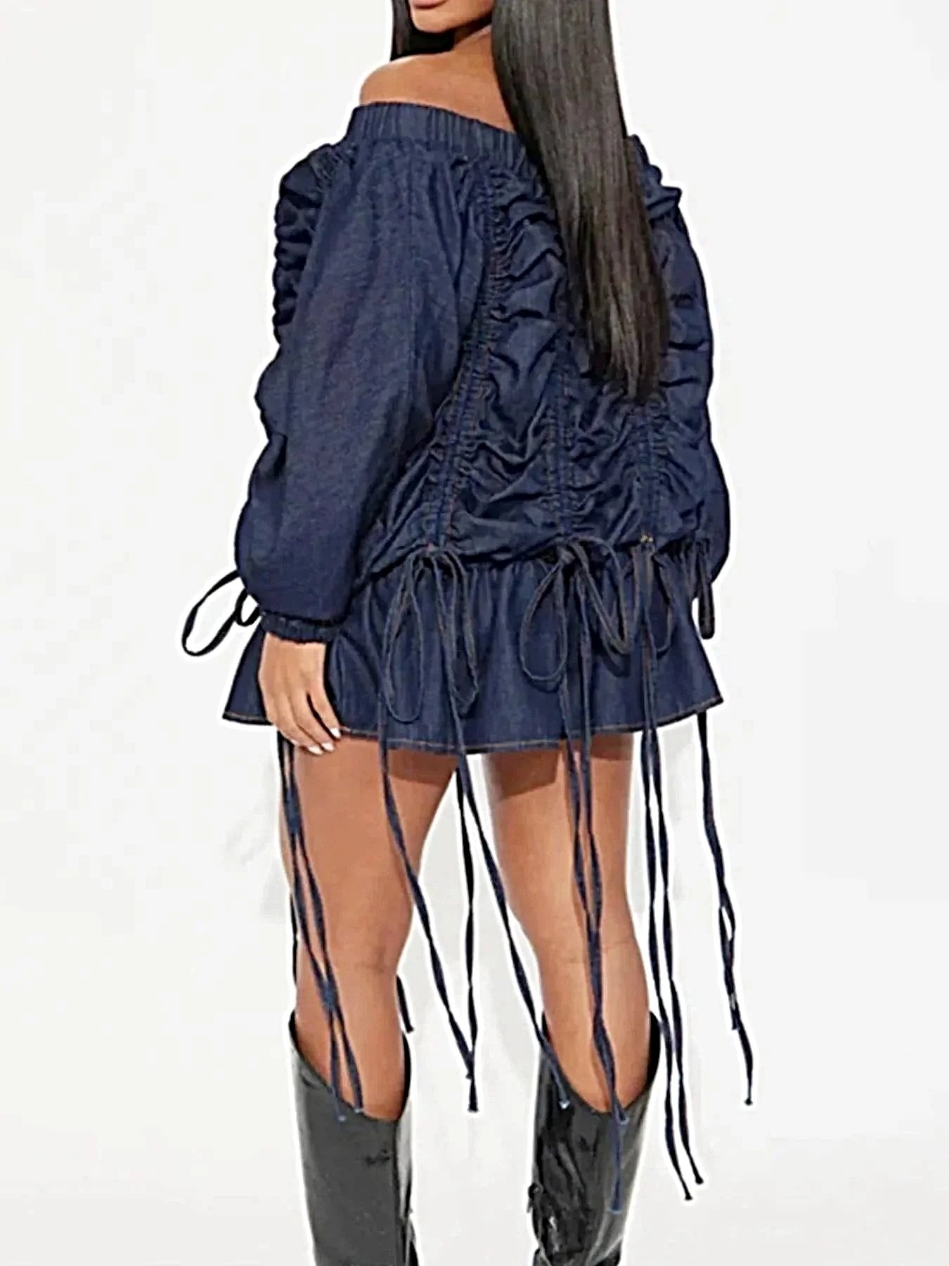 Elegant Off-Shoulder Denim Dress with Ruched Design and Ruffled Accents -