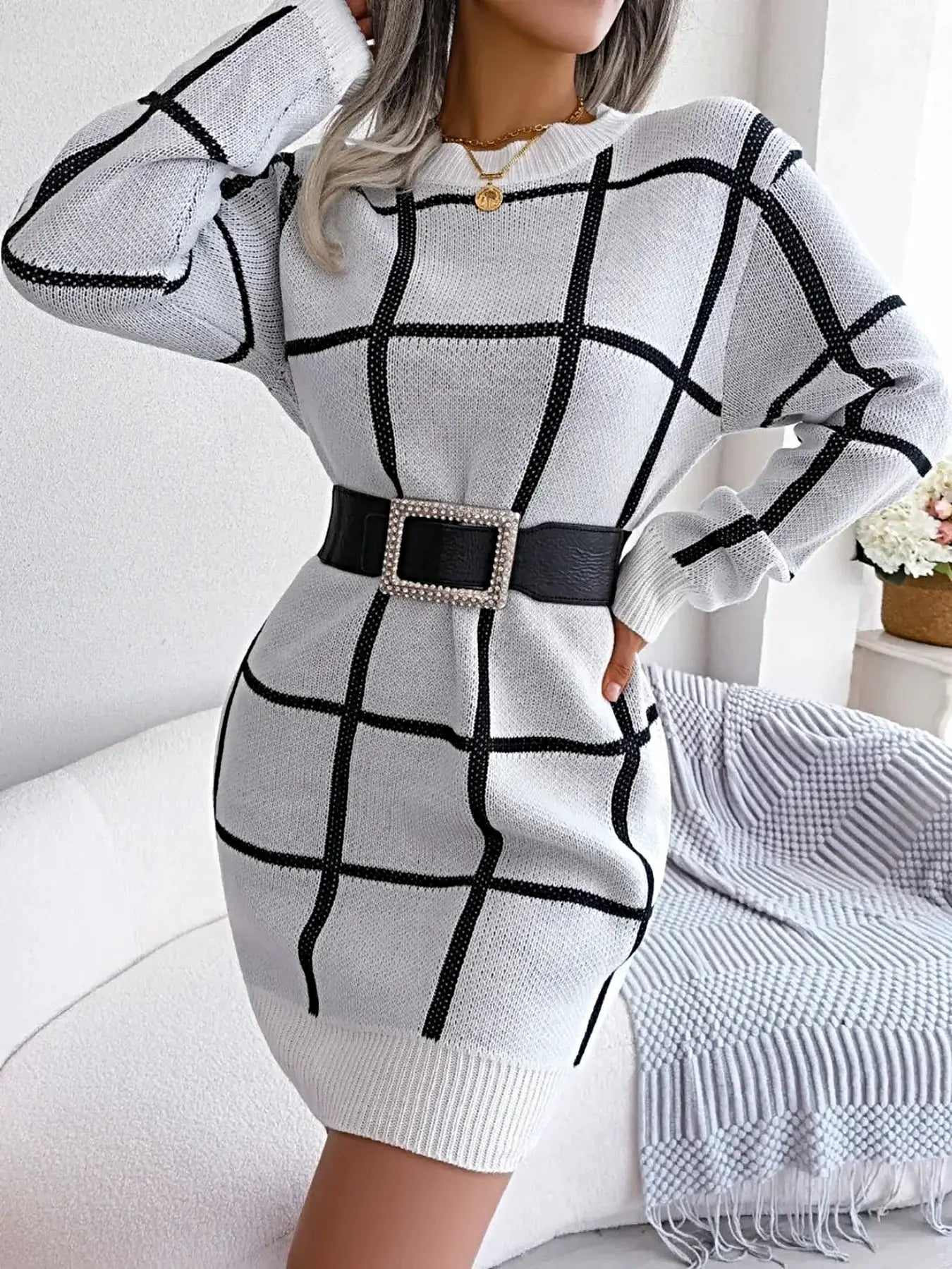 Plaid Round Neck Dropped Shoulder Sweater Dress -