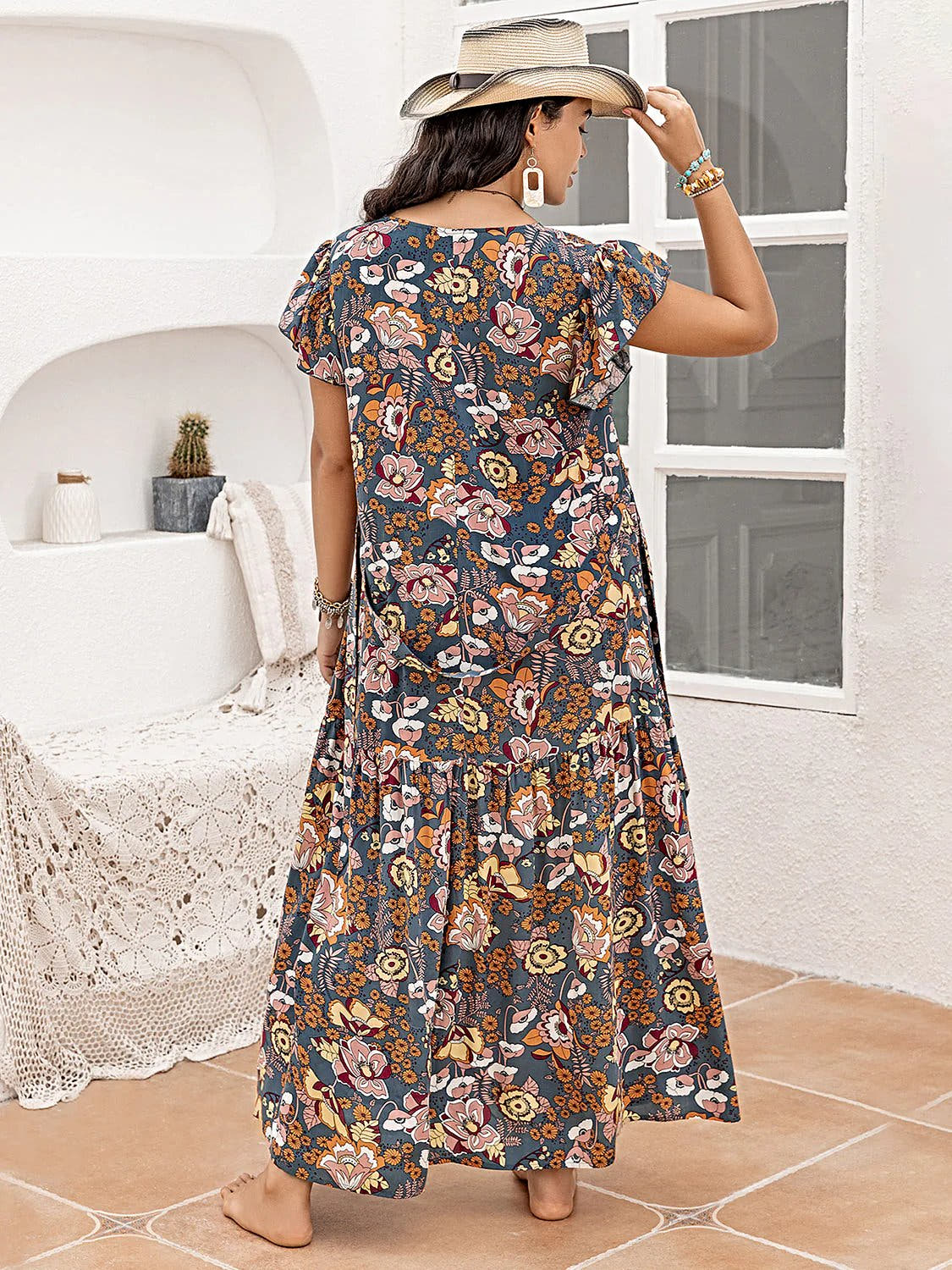 Plus Size Ruffled Printed Cap Sleeve Dress -