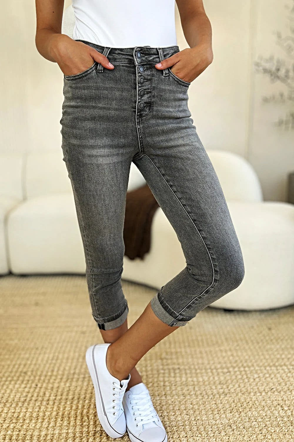 Judy Blue Full Size Button Fly High Waist Cuffed Capris -