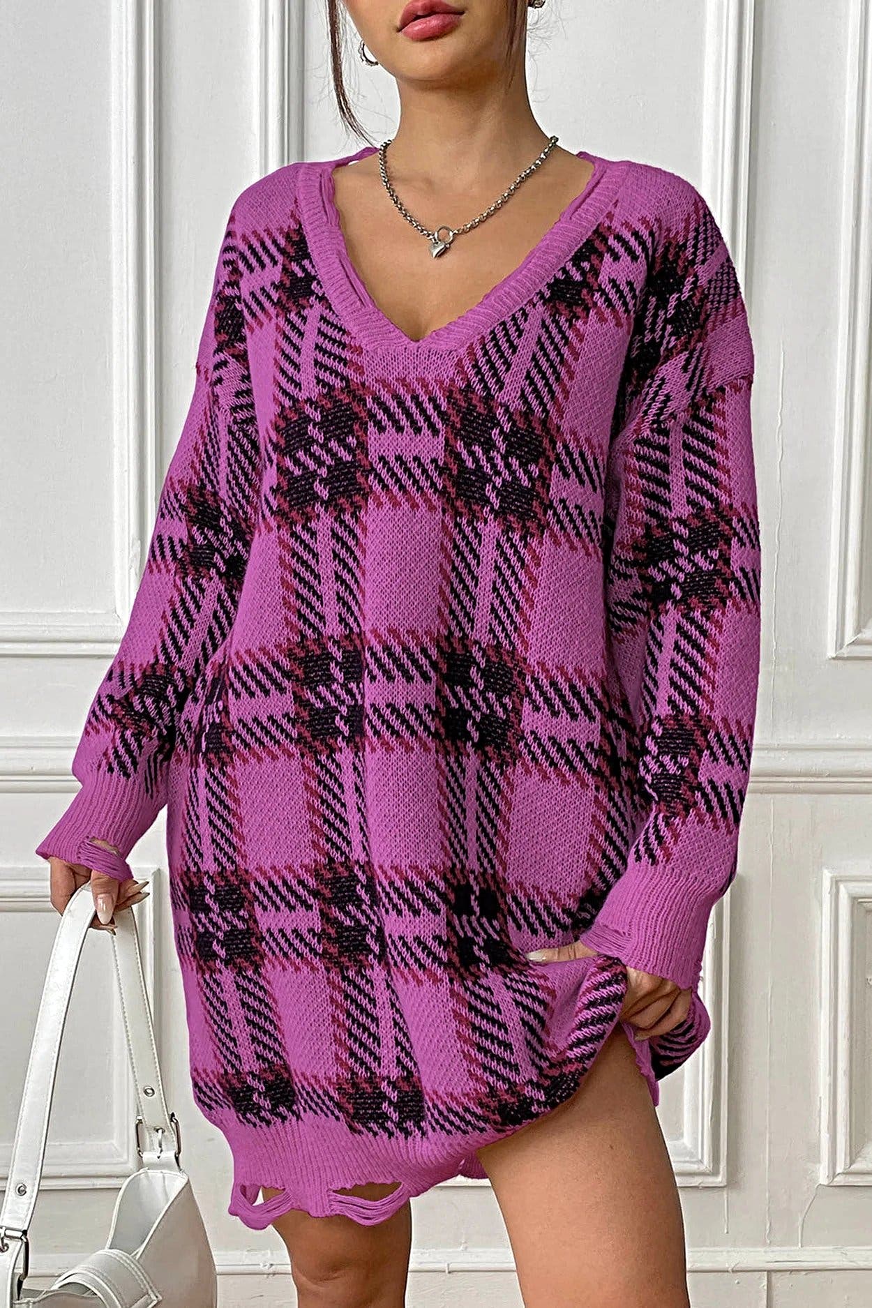 Plaid V-Neck Long Sleeve Sweater Dress -