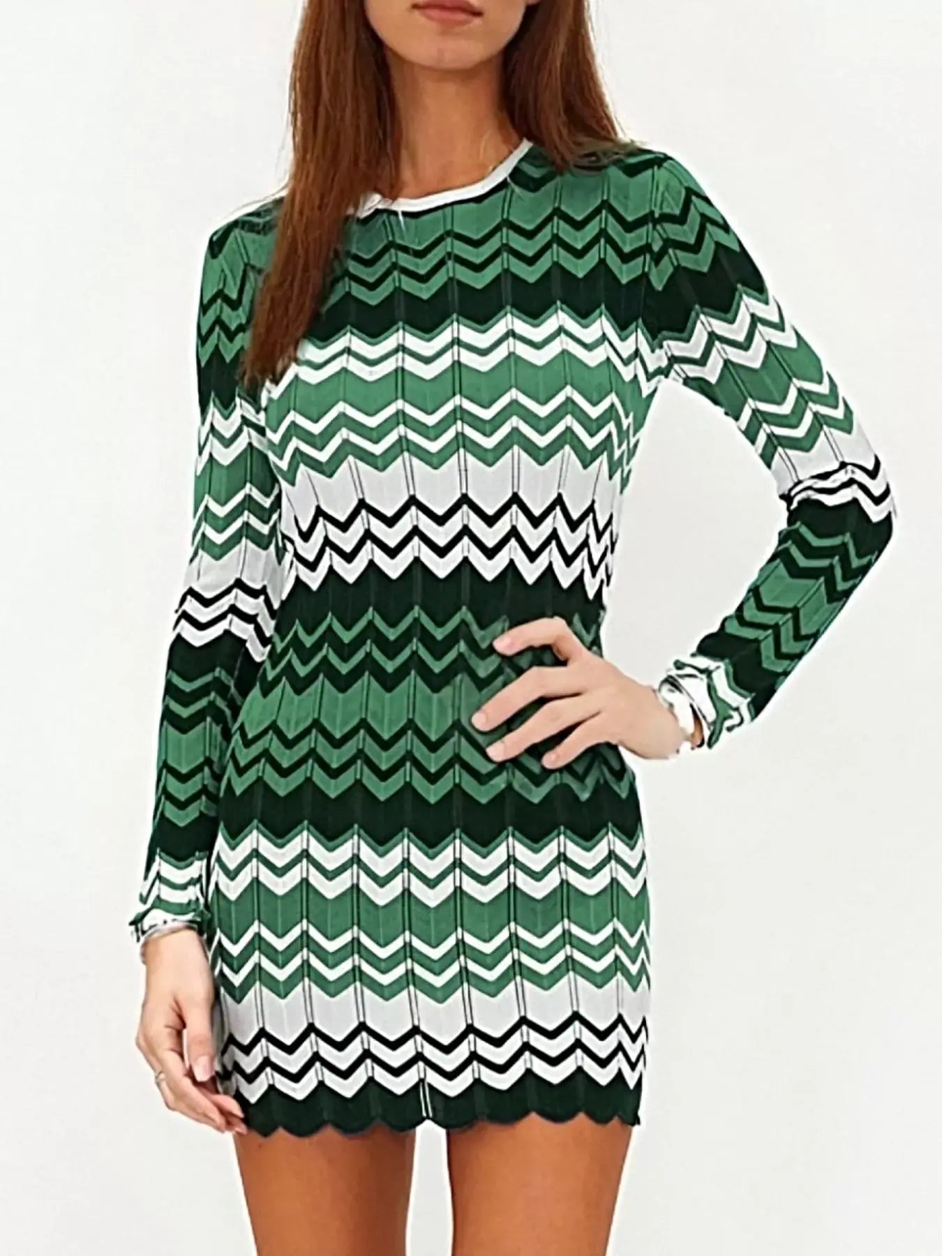 Openwork Wave Pattern Long Sleeve Sweater Dress -