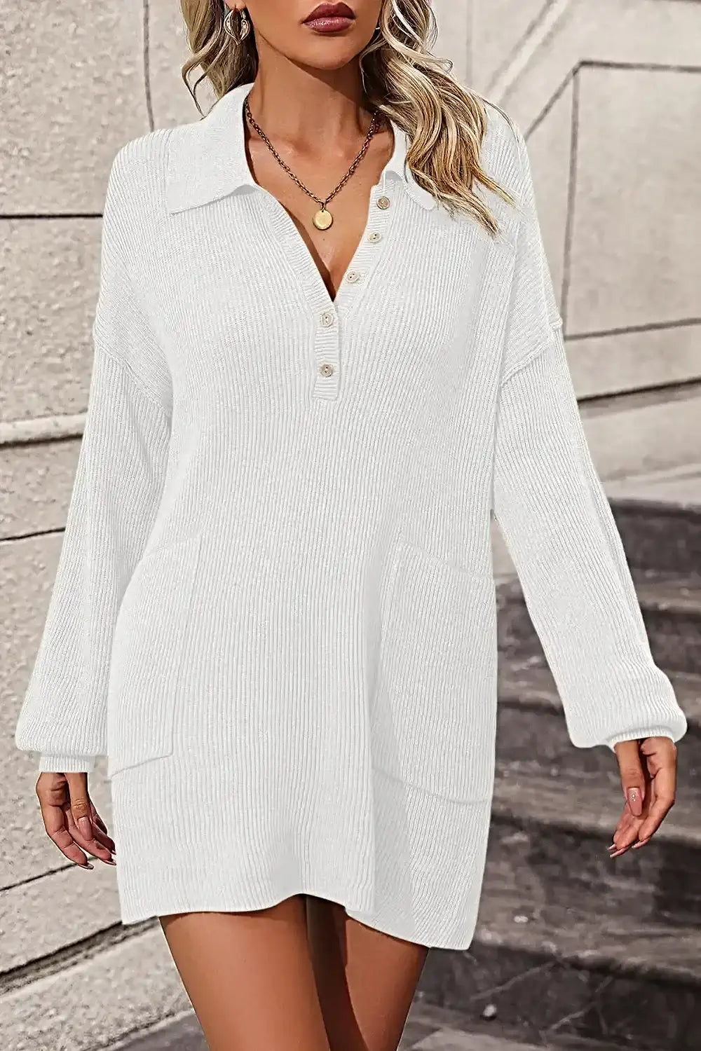 Collared Neck Long Sleeve Sweater Dress with Pockets -