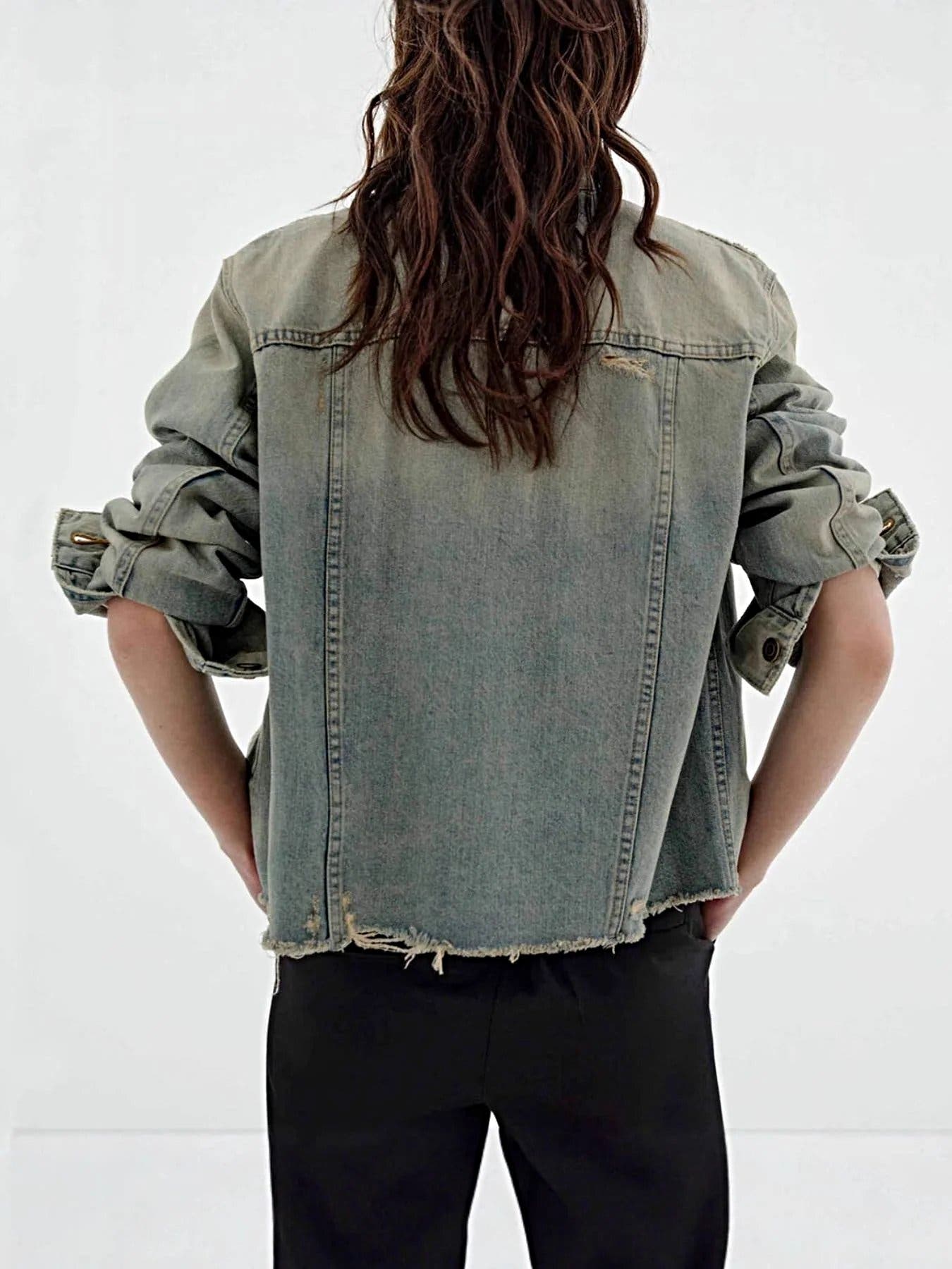 Distressed Wash Button Up Denim Jacket -