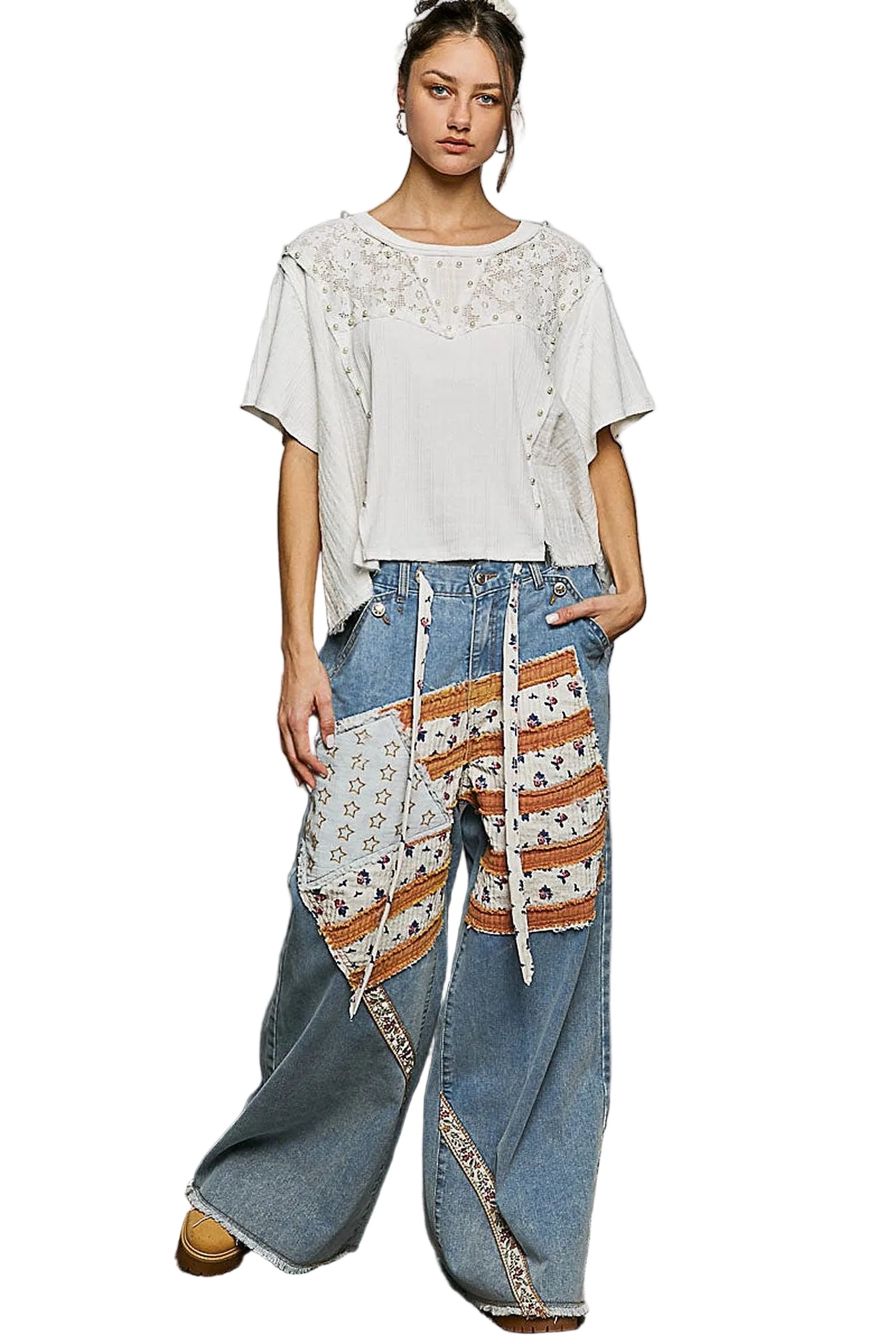 POL Lace Pearl Stud Round Neck Short Sleeve Shirt -
