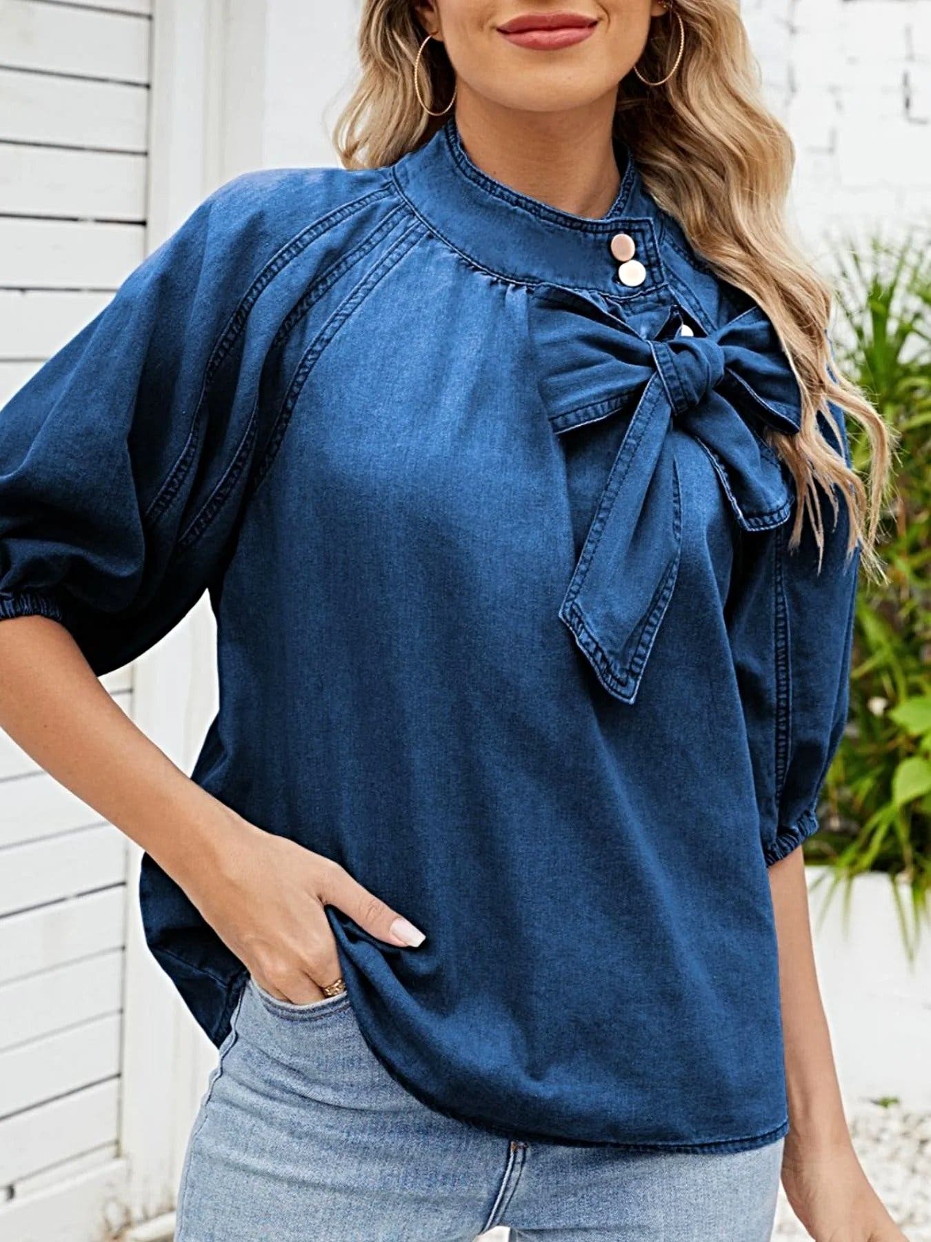 Bow Accent Puff Sleeve Denim Top -