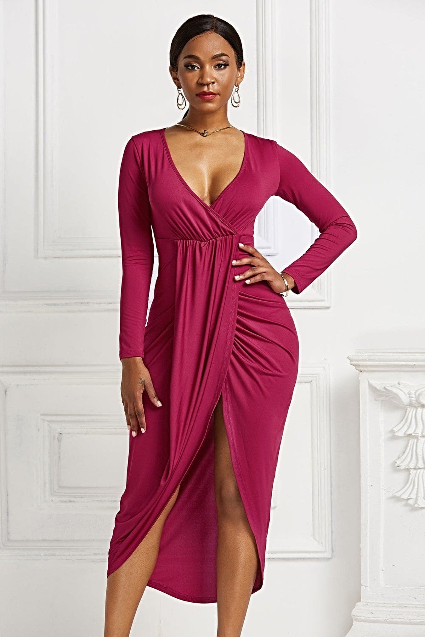 High-low Ruched Surplice Long Sleeve Dress -