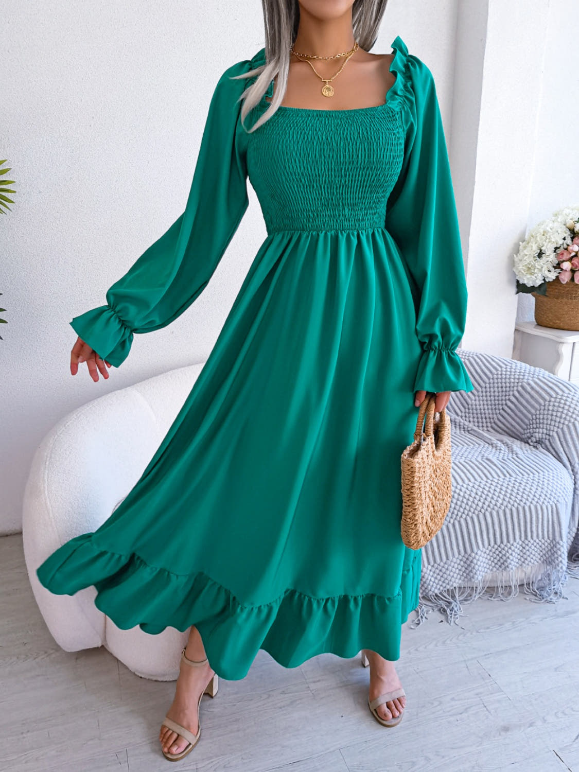 Smocked Square Neck Flounce Sleeve Dress -