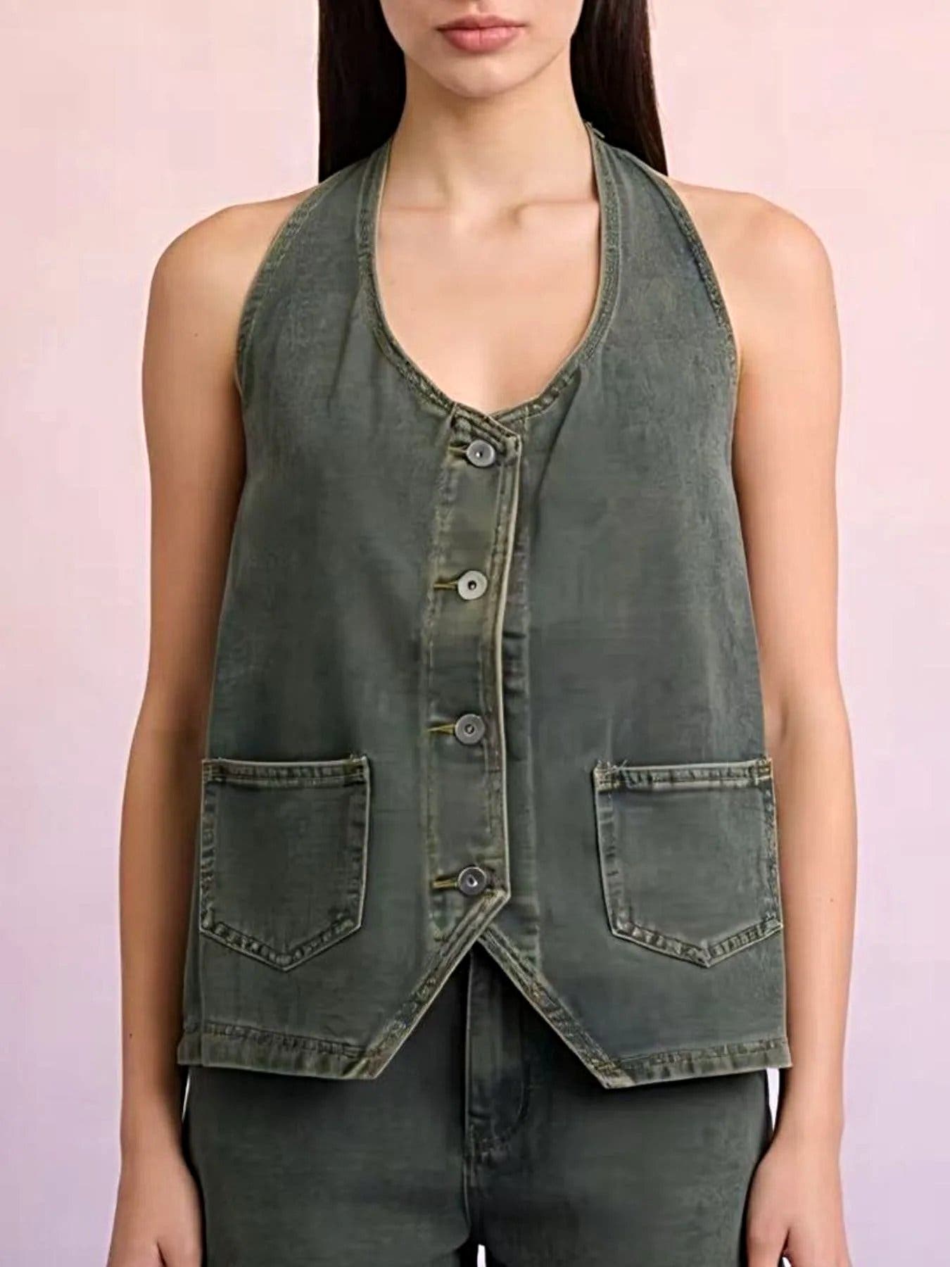 Halter Neck Button-Down Denim Vest -