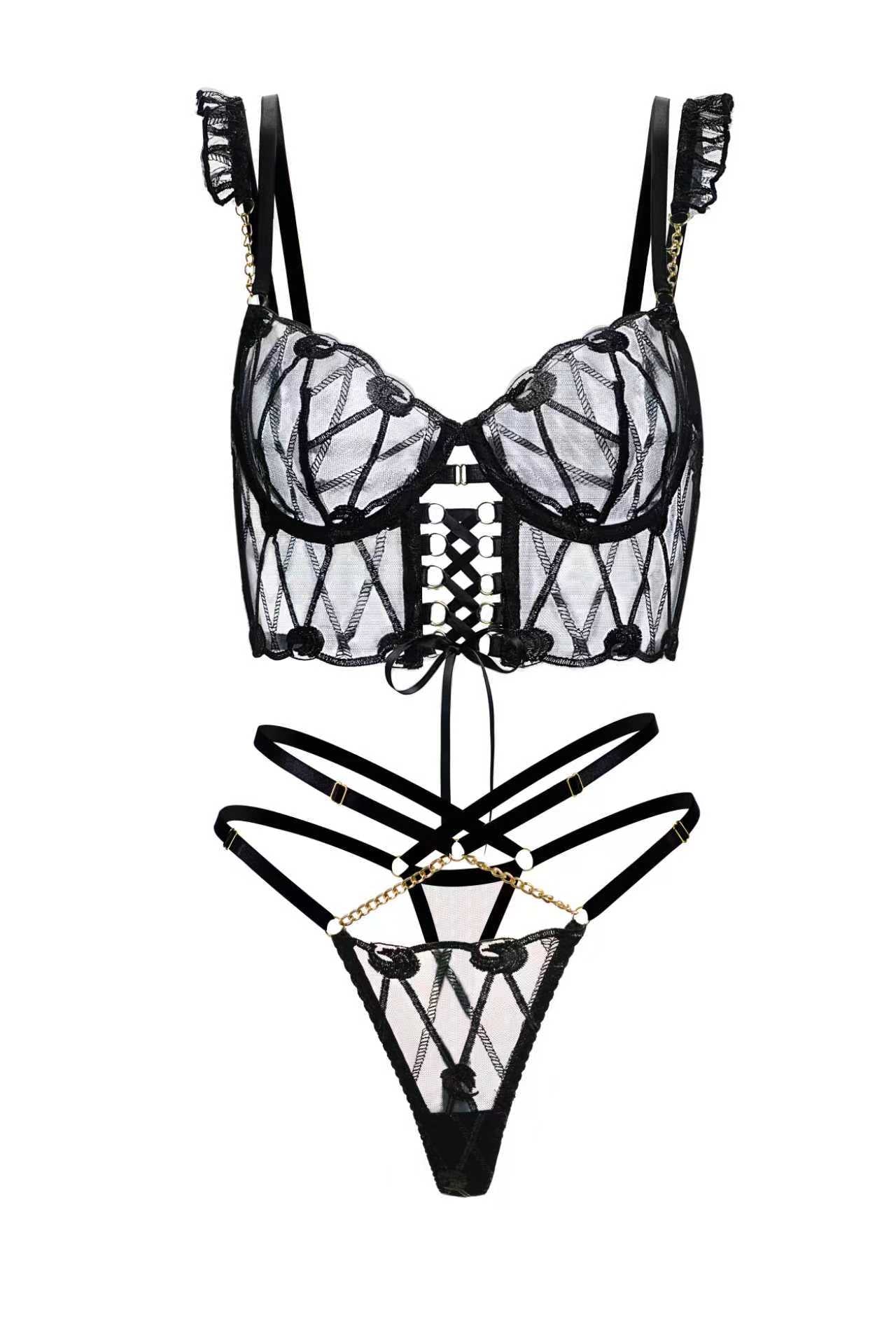 Adriana Noir 2-Piece Sexy Lace Lingerie Set with an alluring combination of lace and faux-leather, perfect for igniting passion.