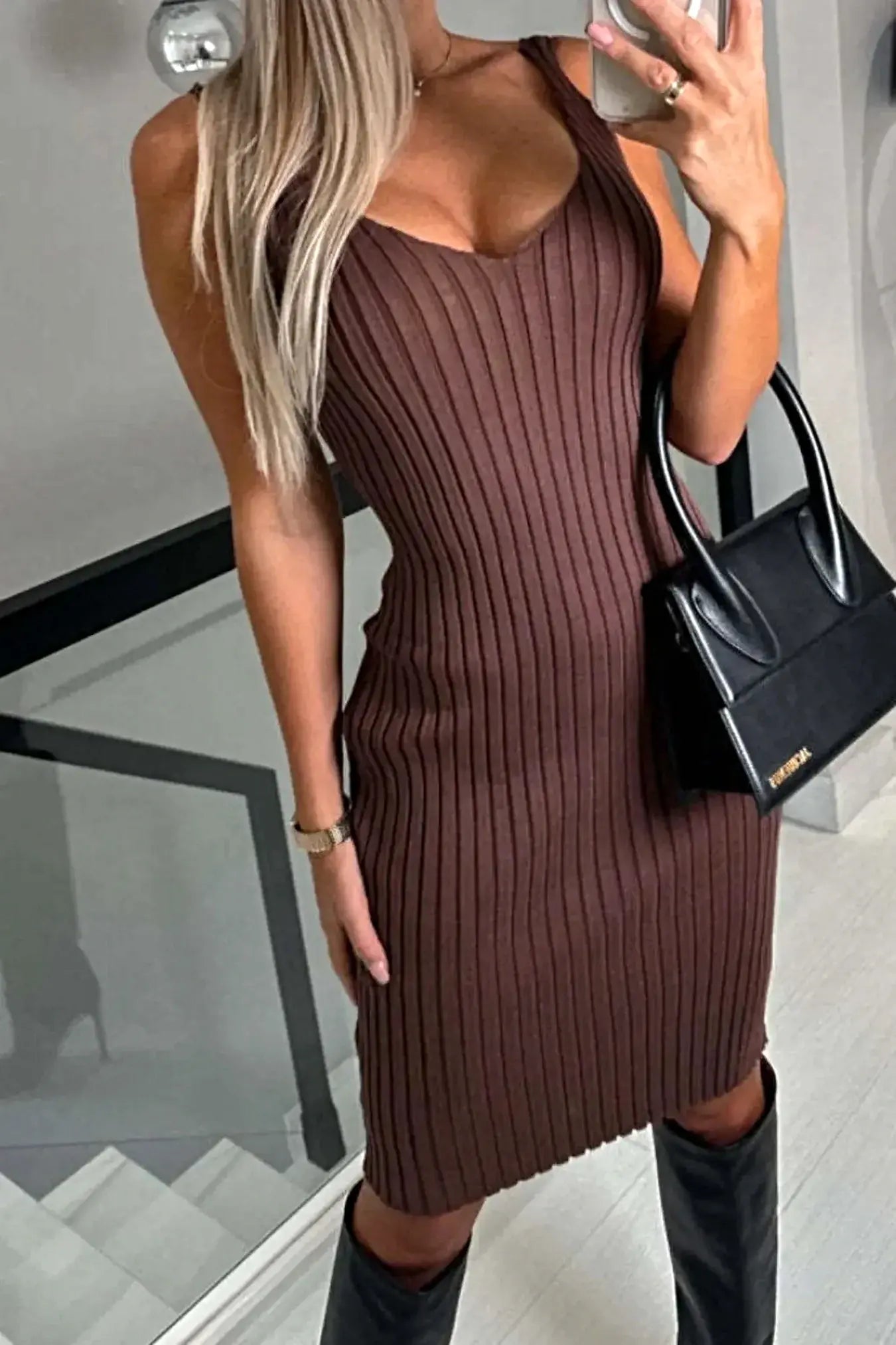 Ribbed Round Neck Top and Cami Dress Sweater Set -