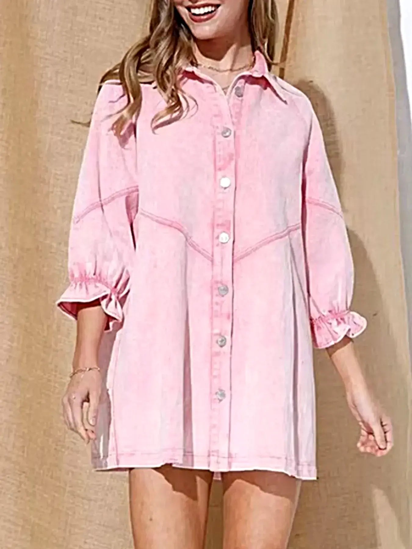 Ruffled Cuff Button-Down Denim Dress -