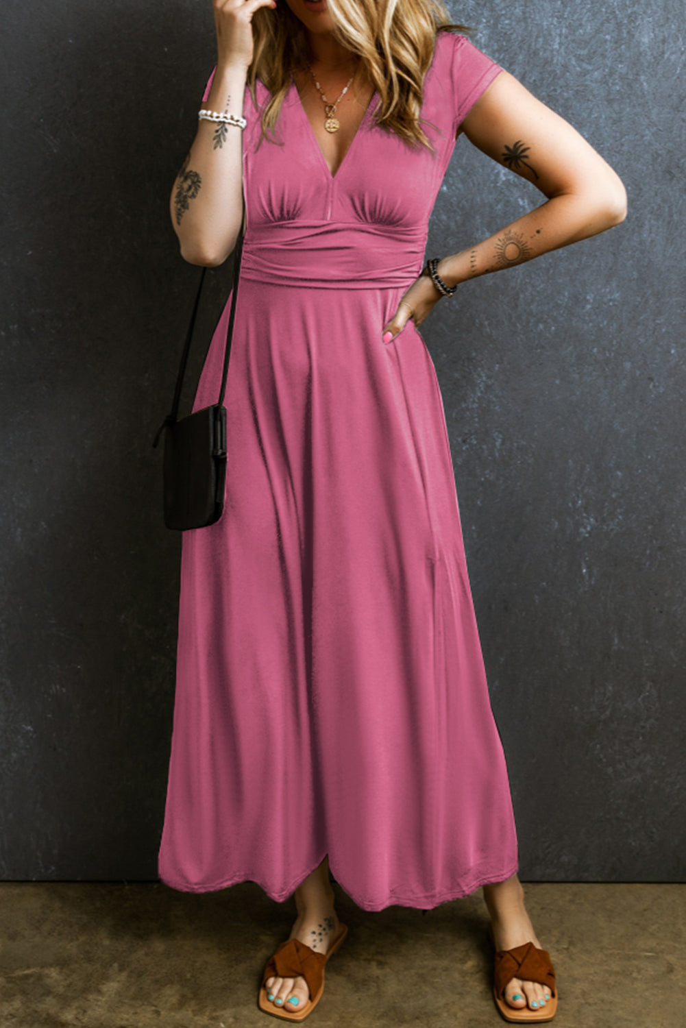 Smocked V-Neck Short Sleeve Dress Trendsi