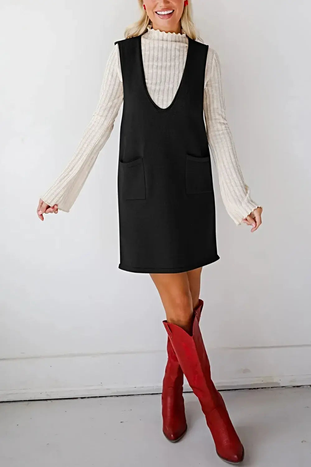 Lovelet Pocketed V-Neck Mini Sweater Overall Dress -