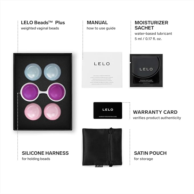 LELO EL-LL7994 Kegel Exercise Beads Plus displayed alongside essential accessories, including a manual and lubricant for optimal kegel exercise experience.