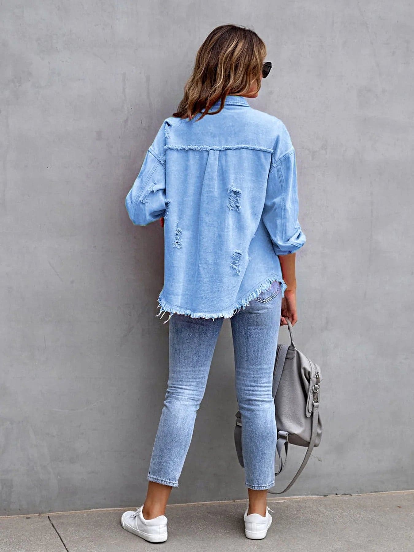 Distressed Drop Shoulder Denim Jacket -