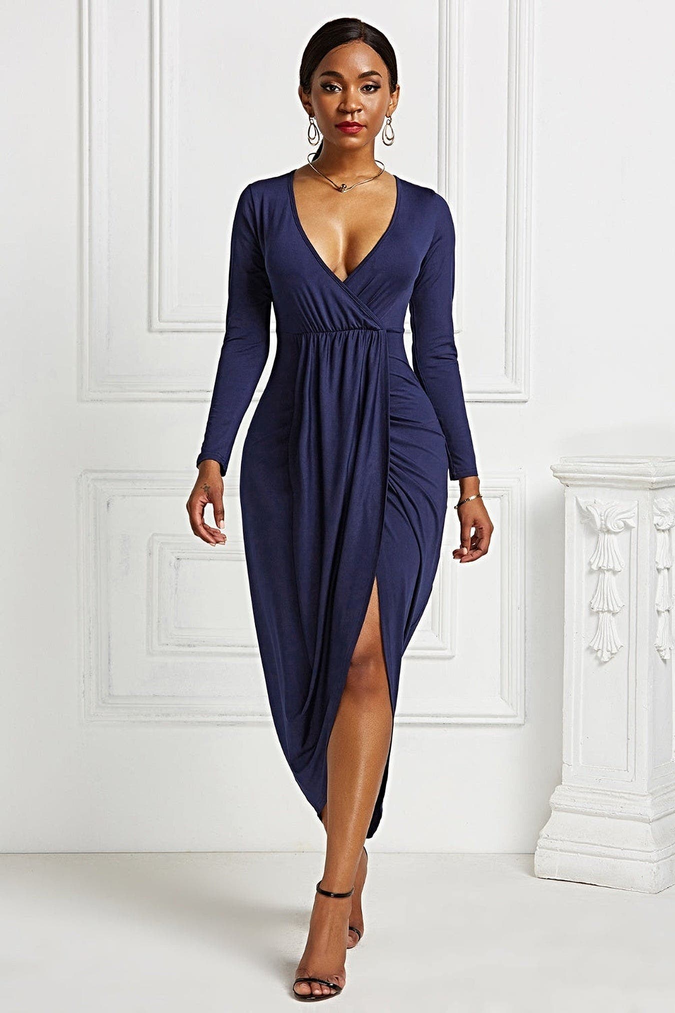 High-low Ruched Surplice Long Sleeve Dress -