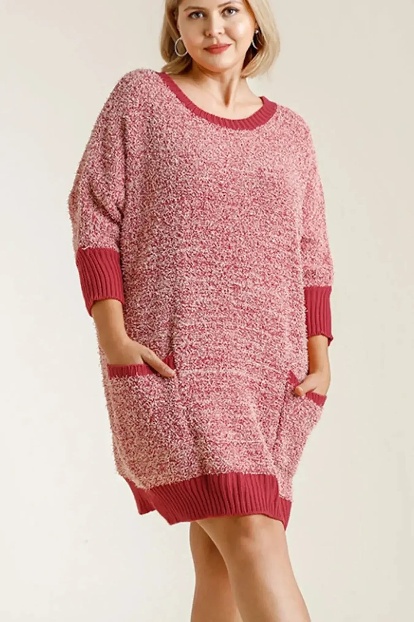 Ribbed Hem Round Neck 3/4 Sleeve Sweater Dress with Pockets -