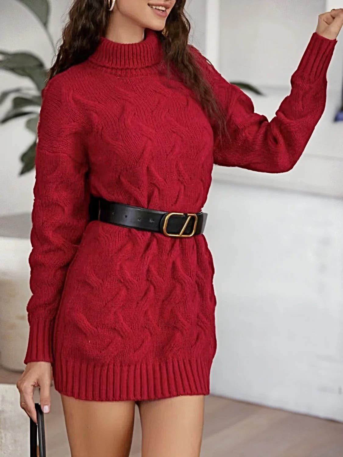 Cable-Knit Turtleneck Sweater Dress -