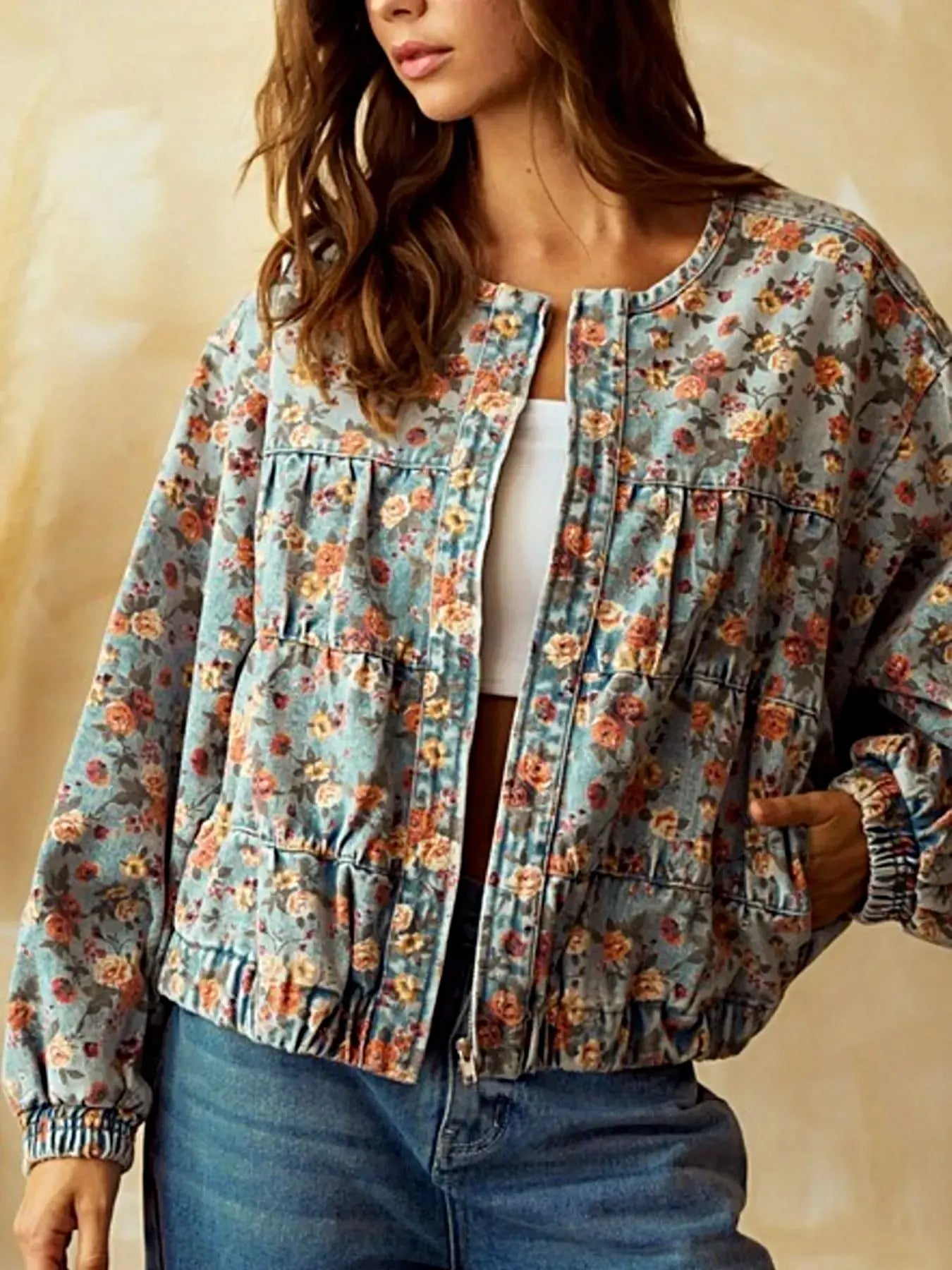 Floral Print Zip Up Cropped Denim Jacket -