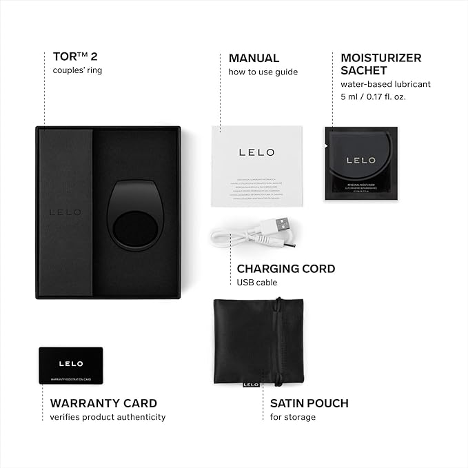 LELO TOR 2 Waterproof Vibrating Cock Ring packaging contents including a manual, charging cord, and a luxurious satin pouch.