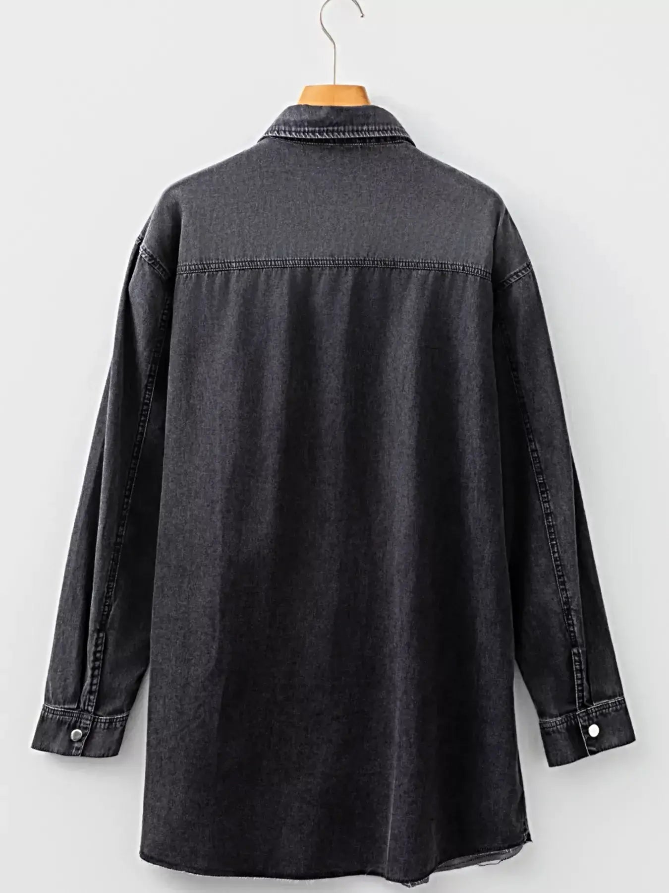 Chest Pocket Raw Hem Denim Loose Shirt Dress -