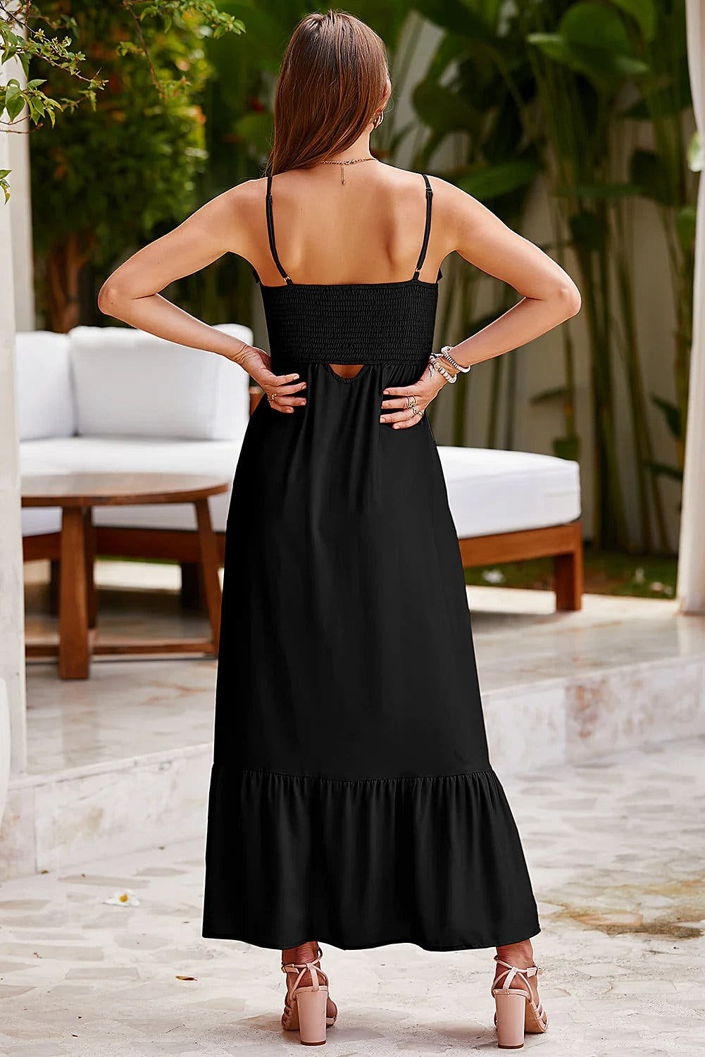 Smocked Spaghetti Strap Ruffle Hem Dress -