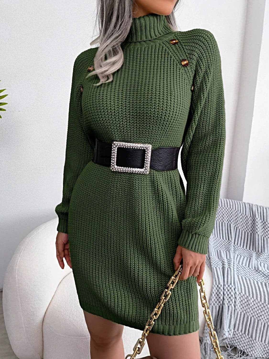 Elegant Decorative Sweater Dress with Buttons - 100% Acrylic, Moderate Stretch, Machine Washable Trendsi
