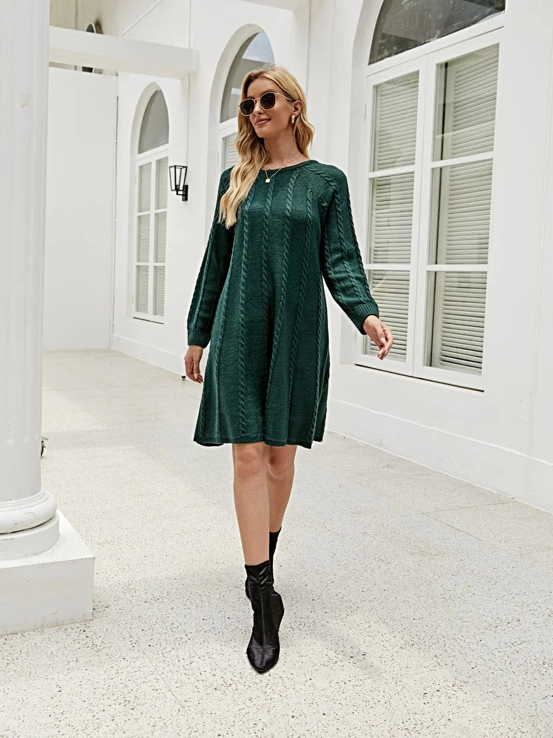 Cable Knit Sweater Dress for Women - Soft Acrylic, Slightly Stretchy, Long Sleeve - Trendy Style Trendsi