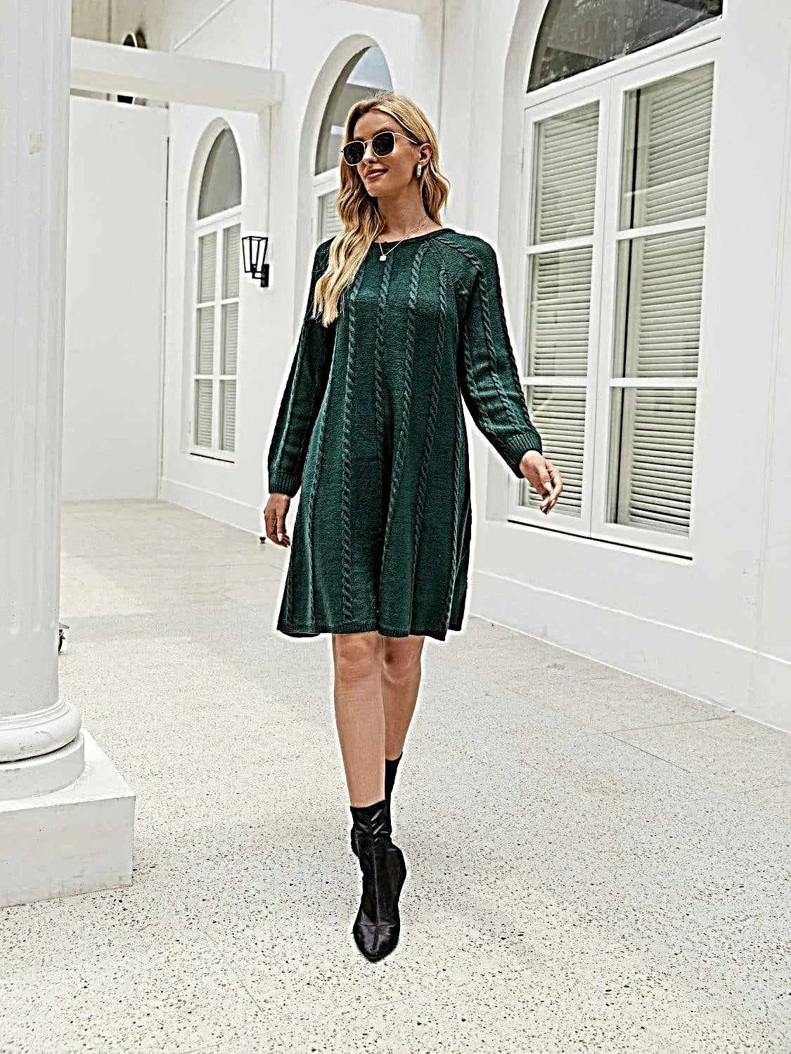 Cable Knit Sweater Dress for Women - Soft Acrylic, Slightly Stretchy, Long Sleeve - Trendy Style -