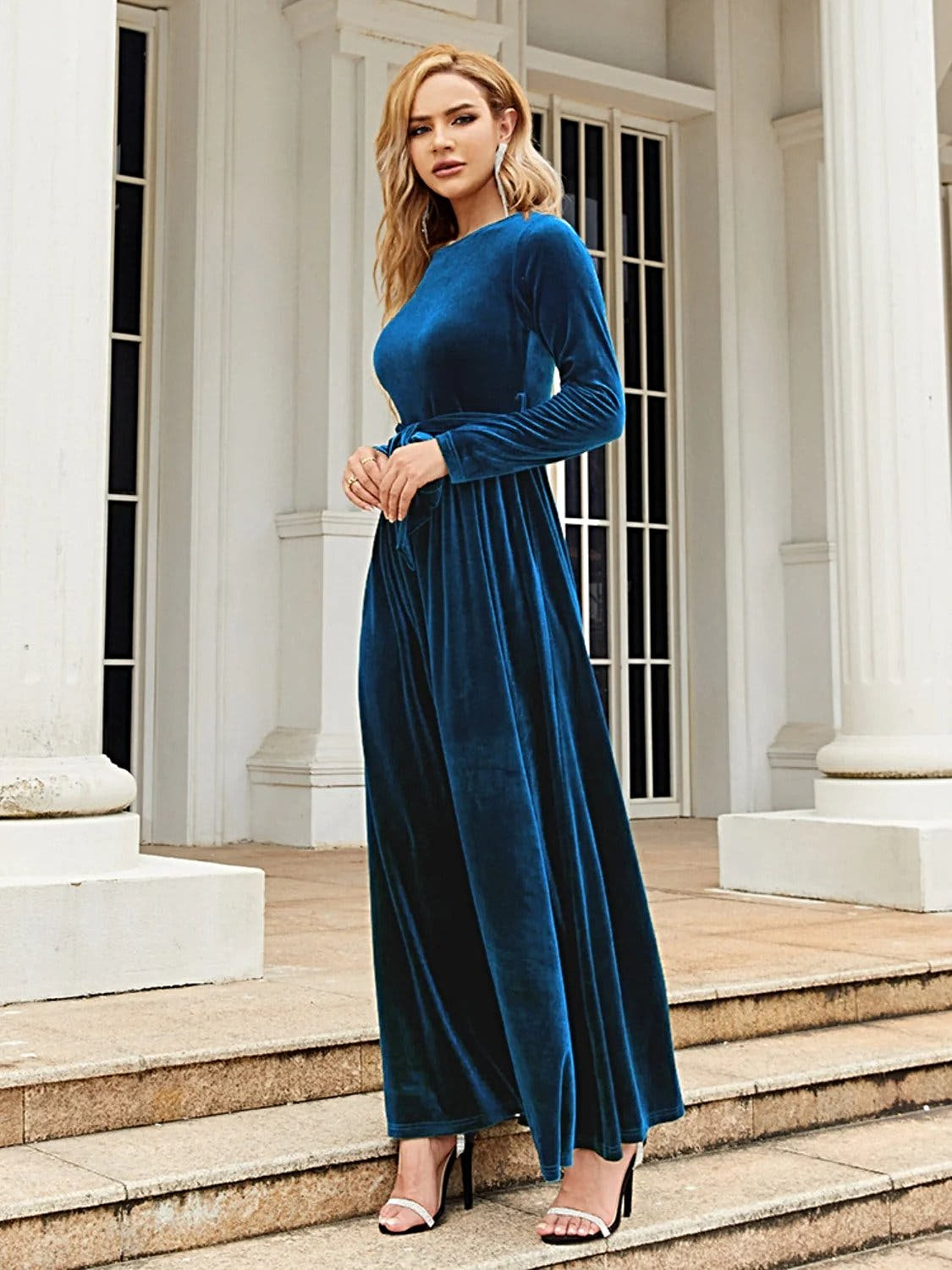 Elegant Tie Front Long Sleeve Maxi Dress in Opaque Polyester – Comfortable and Stylish Trendsi
