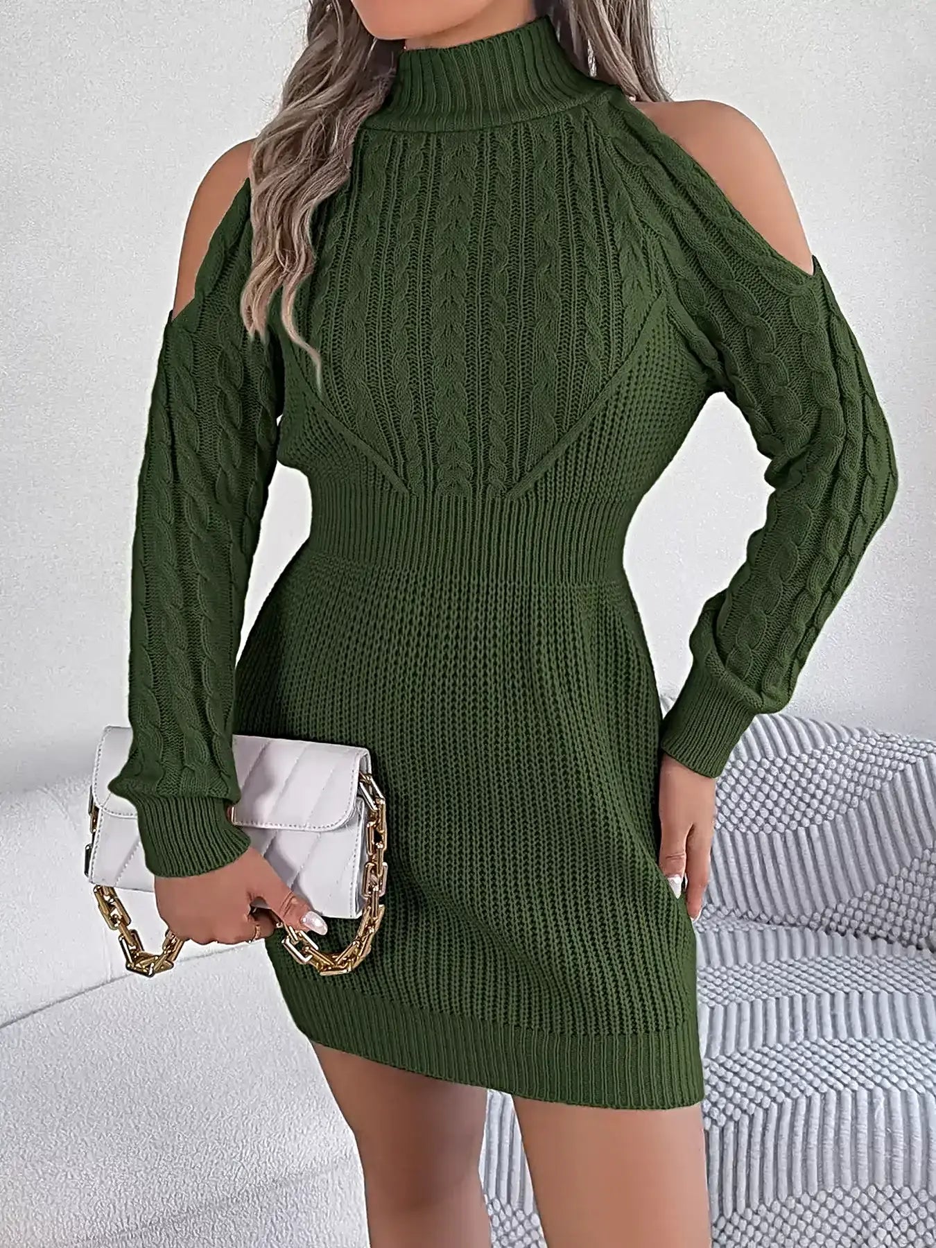 Cold Shoulder Cable Knit Turtleneck Sweater Dress -
