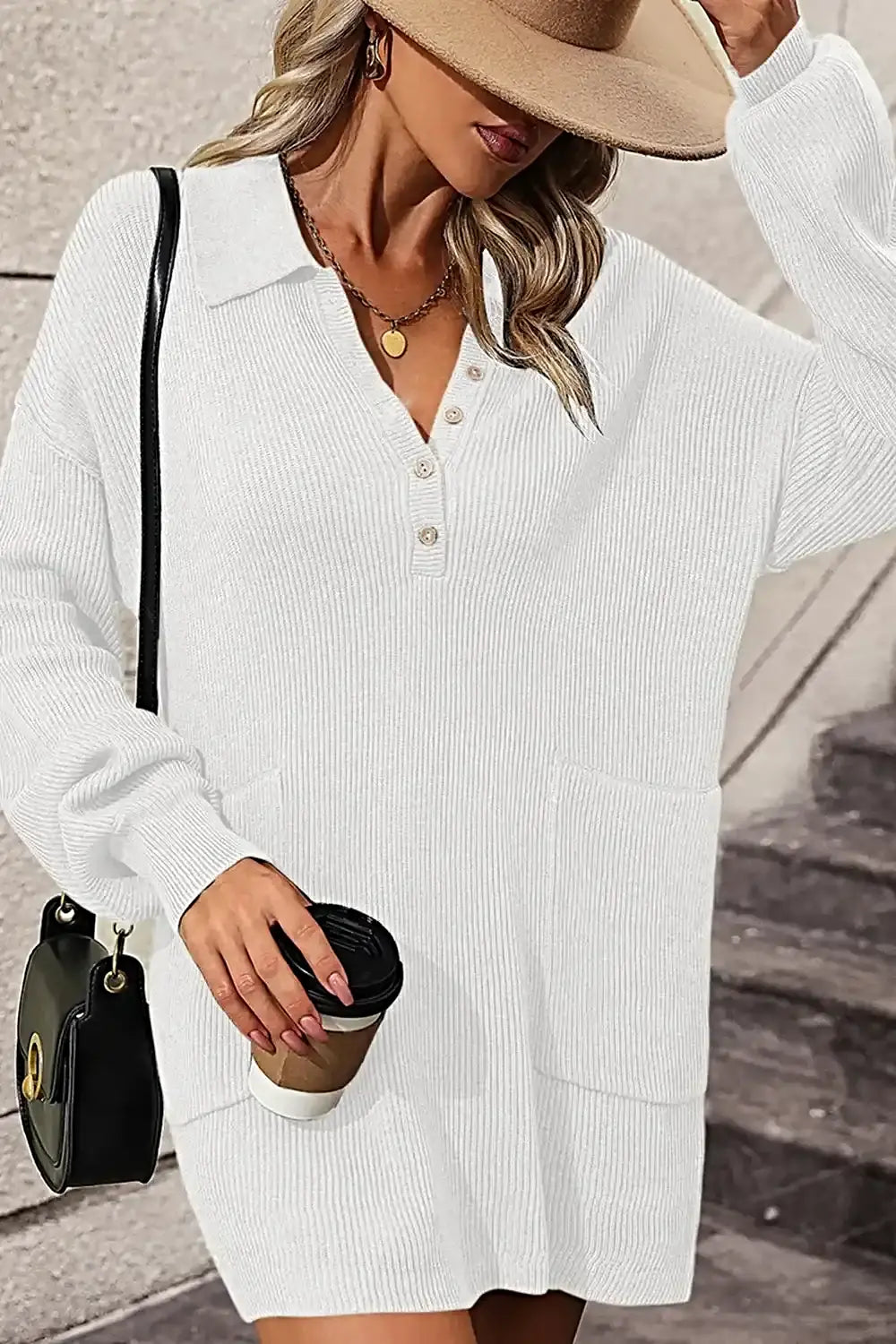 Collared Neck Long Sleeve Sweater Dress with Pockets -