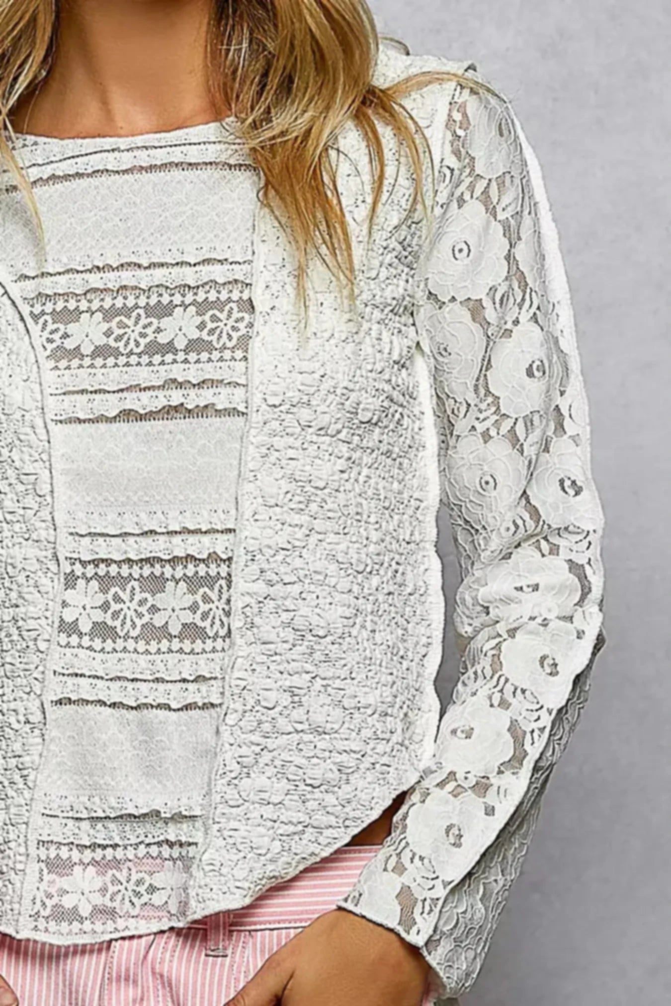 POL Round Neck Long Sleeve Exposed Seam Top with Lace Detail -