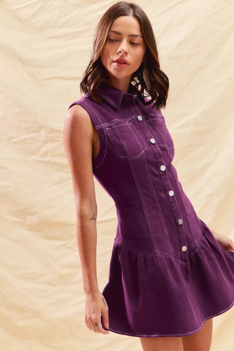 SO ME Button Down Sleeveless Collared Game Day Mini Dress -