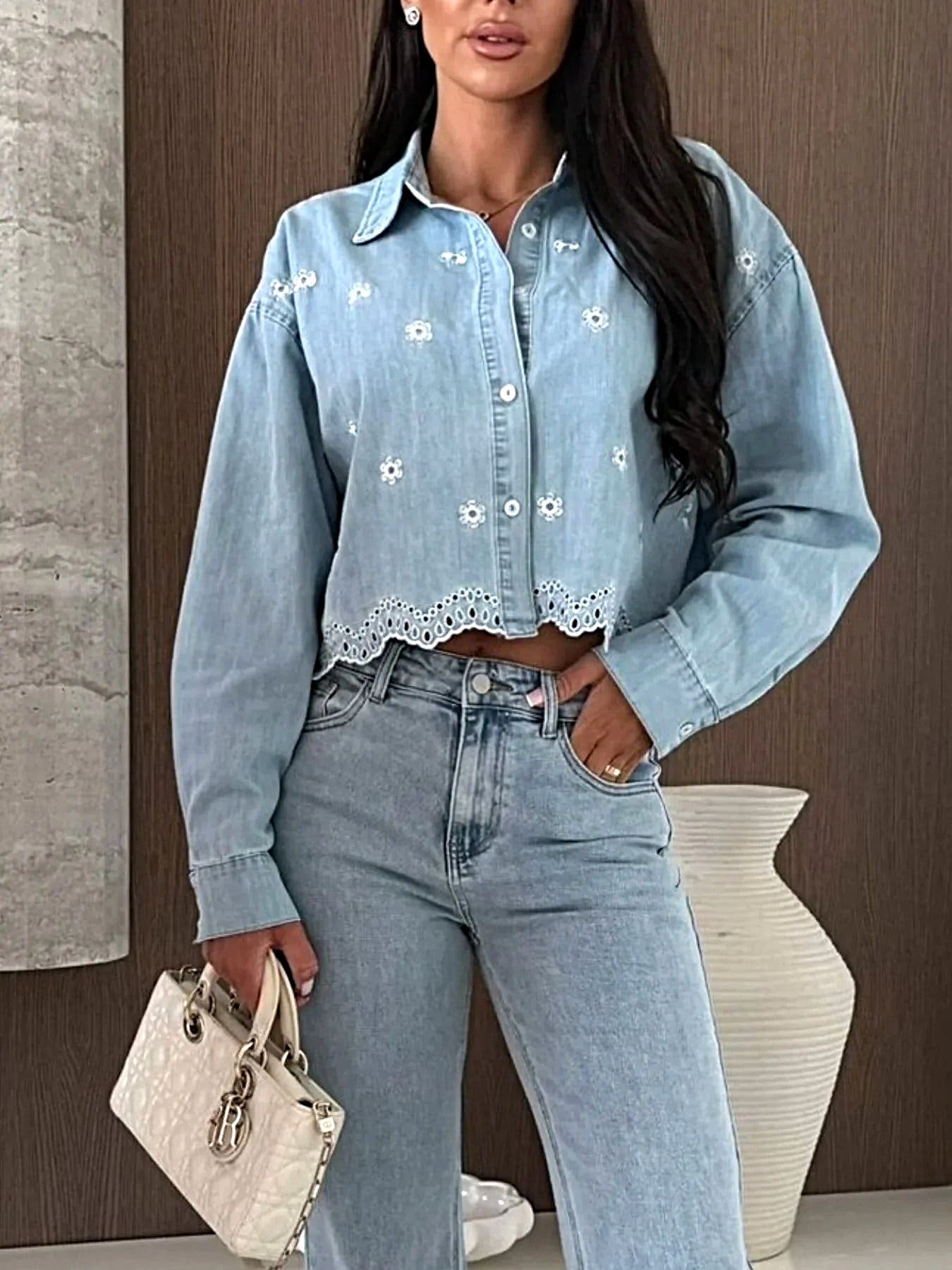 Embroidered Cropped Denim Shirt -
