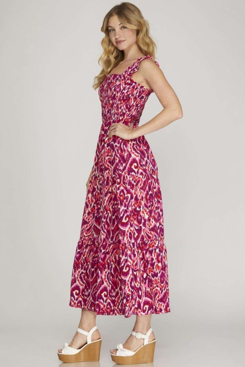 She + Sky Full Size Smocked Printed Wide Strap Tiered Dress Plus Size Trendsi