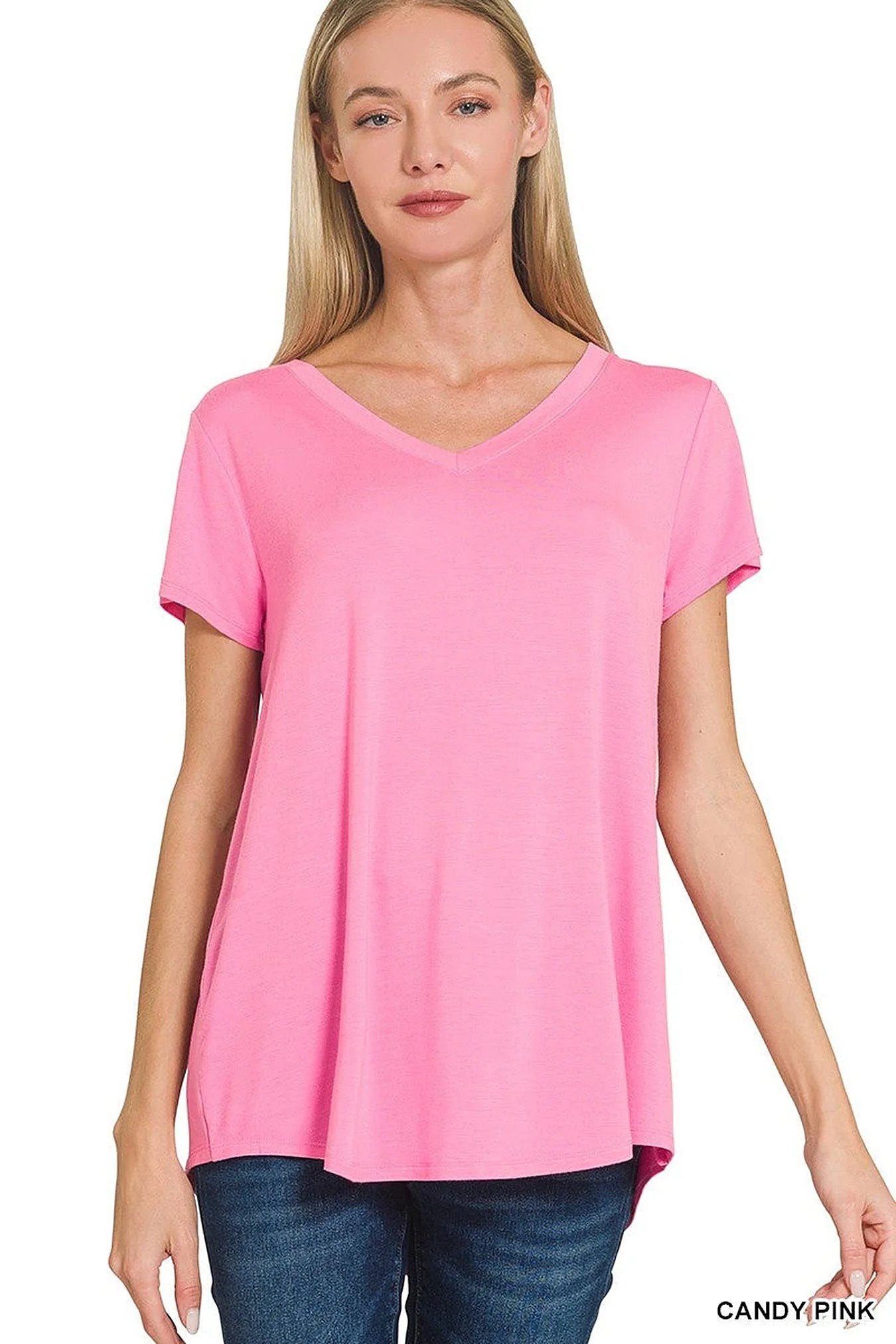 Zenana Rayon Short Sleeve V-neck Round Hem Top -