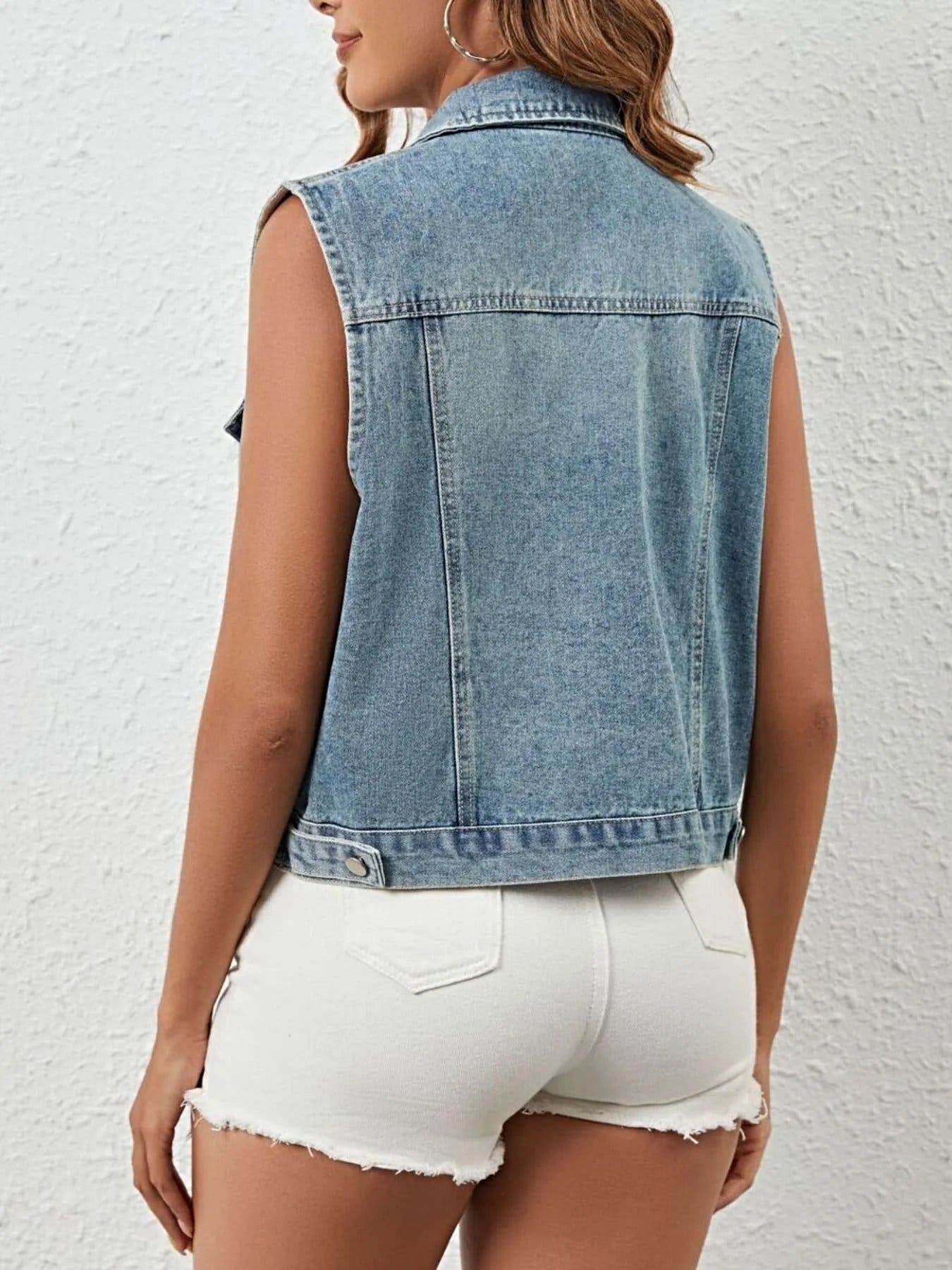 Rhinestone Embellished Sleeveless Denim Jacket -
