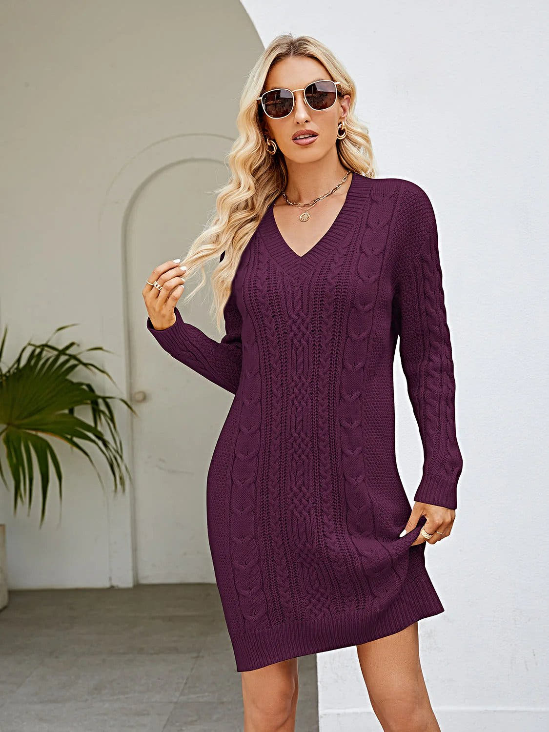 Elegant Cable Knit Sweater Dress - V-Neck Design, Slightly Stretchy, 100% Acrylic Trendsi