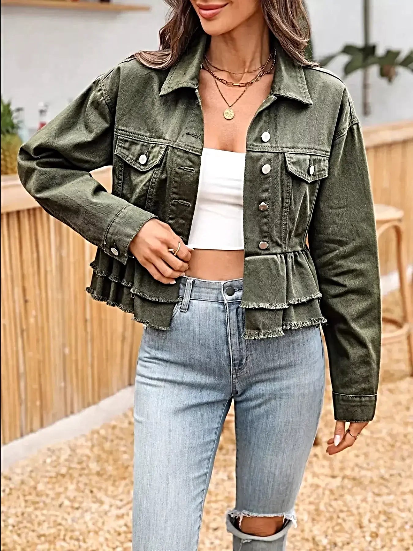 Ruffle Raw Hem Denim Jacket -