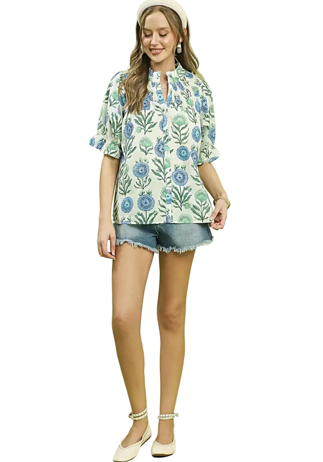 Umgee Floral Button-Front Short Sleeve Top -