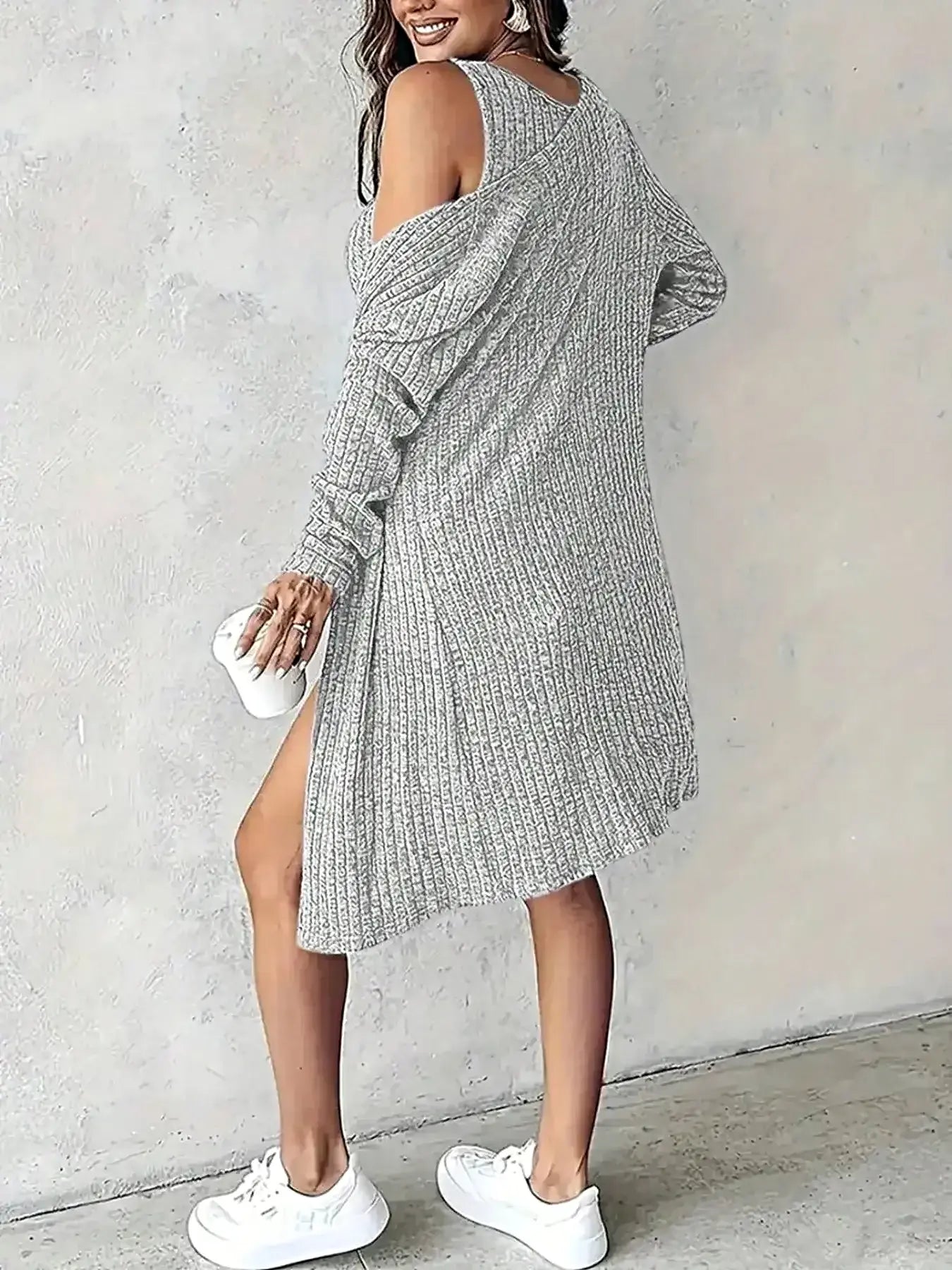 Ribbed Button Front Dress and Cardigan Sweater Set -