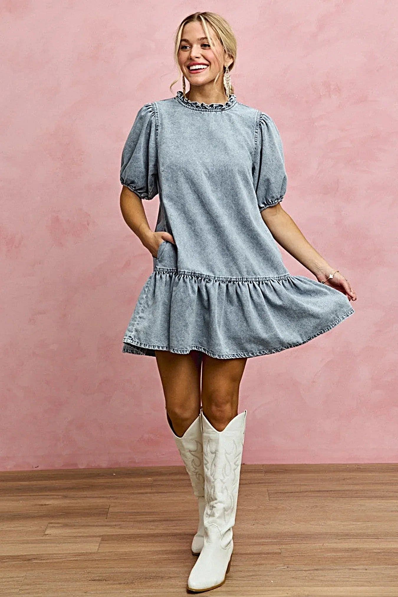 SO ME Denim Short Sleeves Mini Tiered Dress -