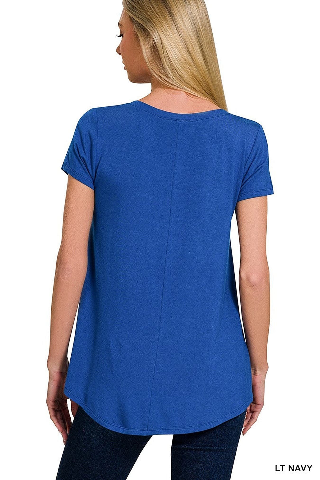 Zenana Rayon Short Sleeve V-neck Round Hem Top -