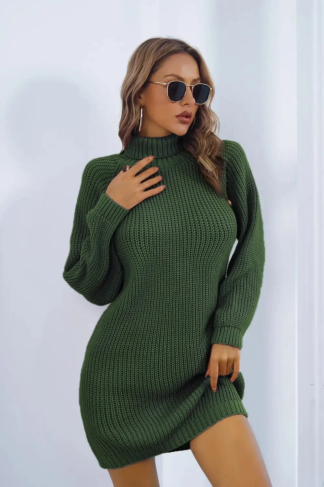 Buttoned Turtleneck Long Sleeve Sweater Dress -