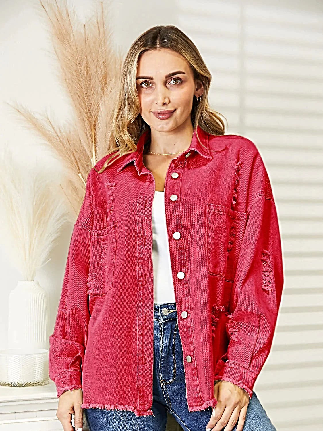 Distressed Raw Hem Denim Jacket -