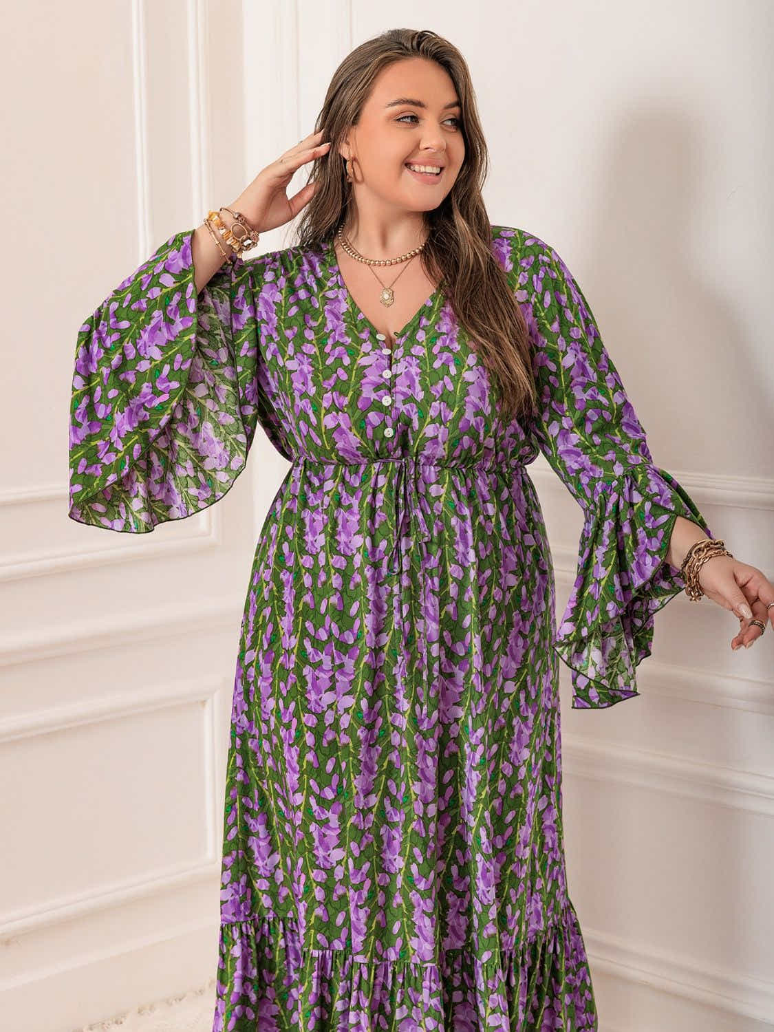 Plus Size Printed V-Neck Long Sleeve Maxi Dress Trendsi